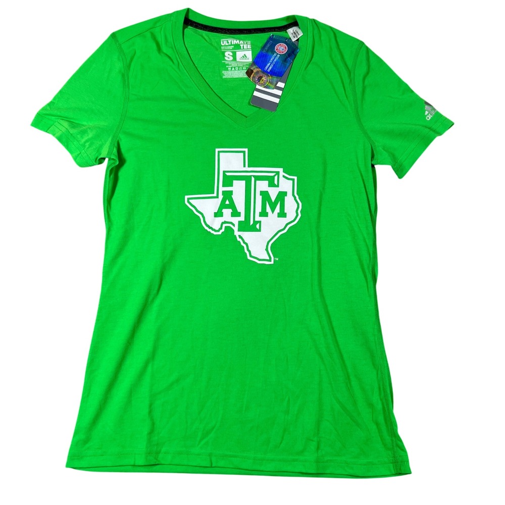 Adidas‎ Ultimate Tee Texas A&M Aggies Womens Small Neon Green V-Neck T-Shirt NEW